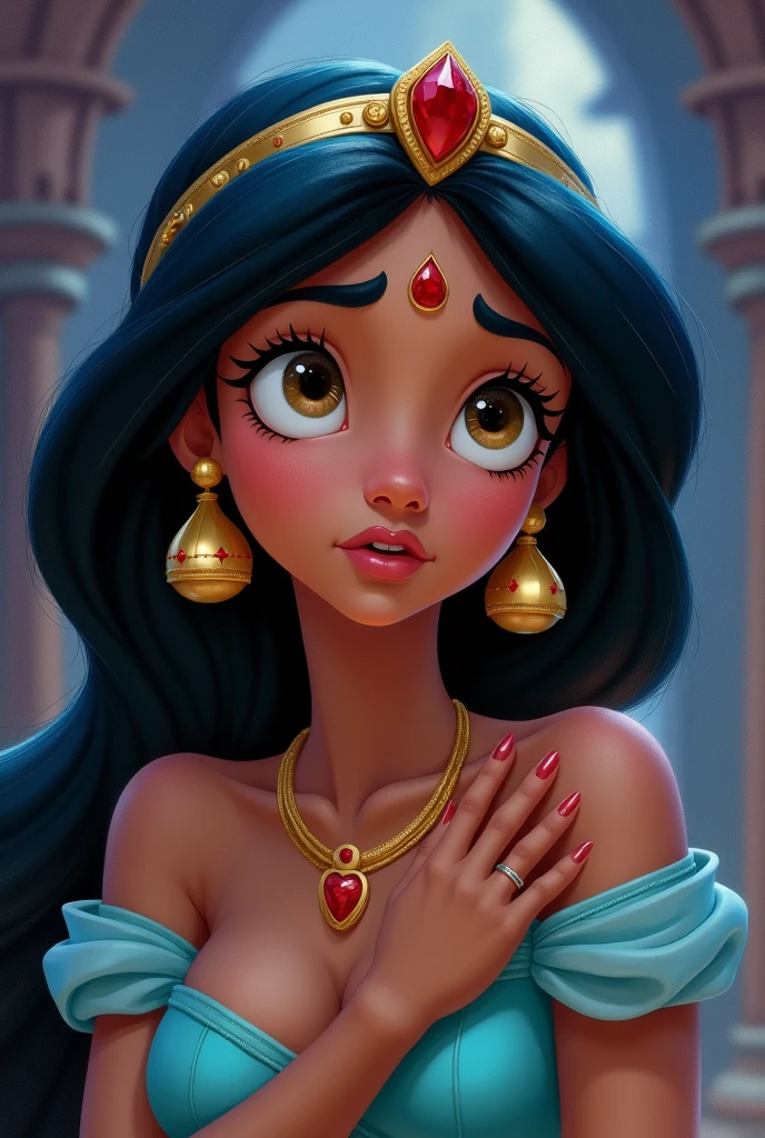 Capture a moment of deep contemplation by painting a full-body portrait of Jasmine, the princess of the kingdom of Agrabah in Aladdin. Her expression should be a mixture of curiosity and a hint of unease, as if she is deeply questioning reality and her place within it. Her large eyes should be wide open, reflecting the surreal world surrounded by playing cards in the kingdom of Agrabah. Genie the jolly lamp fairy, Aladdin, the Wizard, etc. The lighting is soft yet dramatic, and the suitors, who are only pretentious, are affectionate and crave their freedom. She is a modern woman who is intelligent and strong, sometimes using her own beauty as a weapon. The colour palette is a mix of soft pastels and dark, introspective tones, creating a balance between innocence and the complexity of her thoughts