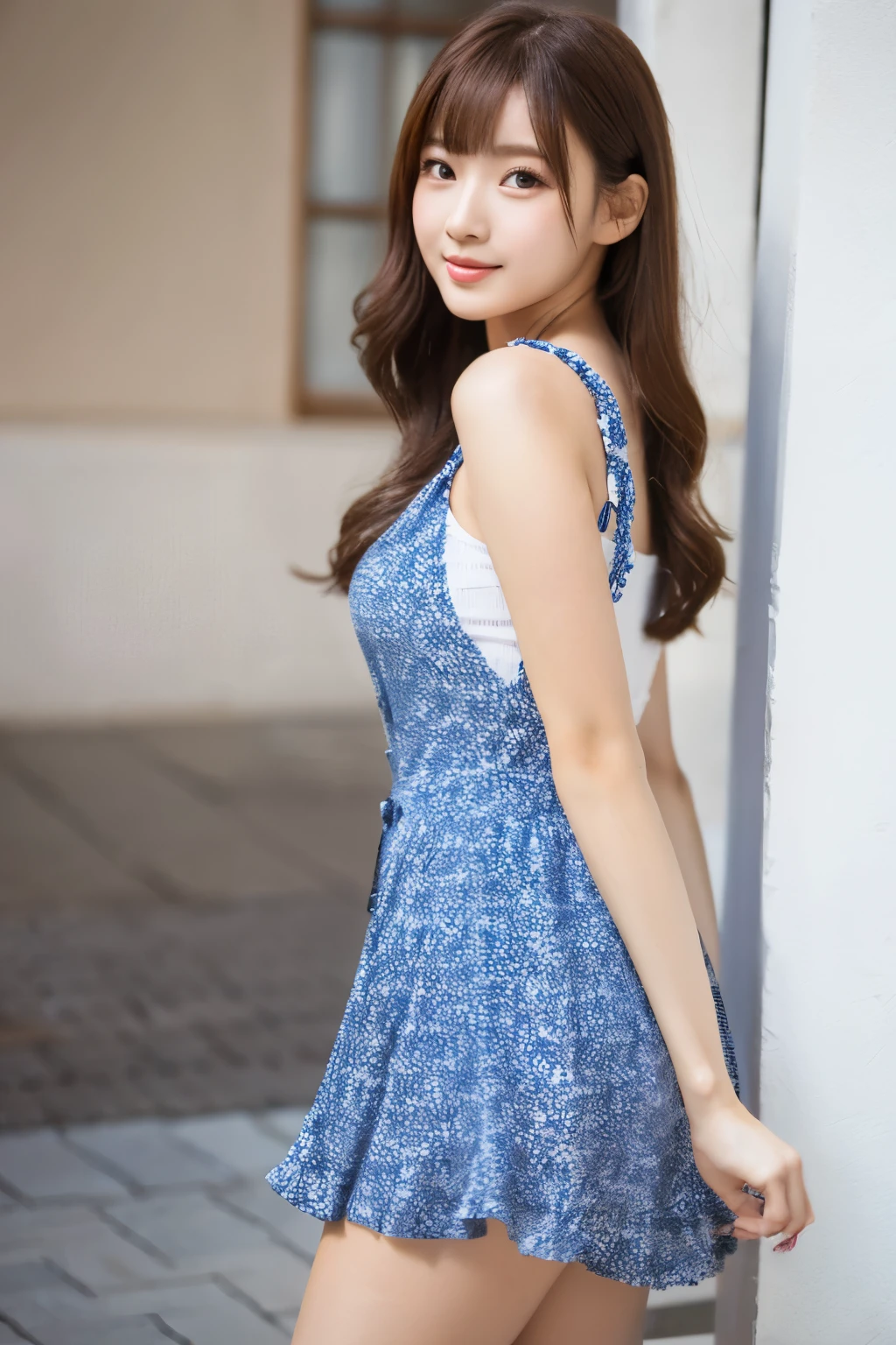 (masterpiece, Highest quality, figure, Very detailed, In detail), High resolution, 8k wallpaper, An innocent popular idol is wearing a cute dress and taking a picture、Super realistic cute printed pantyhose、Realistic skin texture、Glowing Skin、turn around、Bare thighs!!!