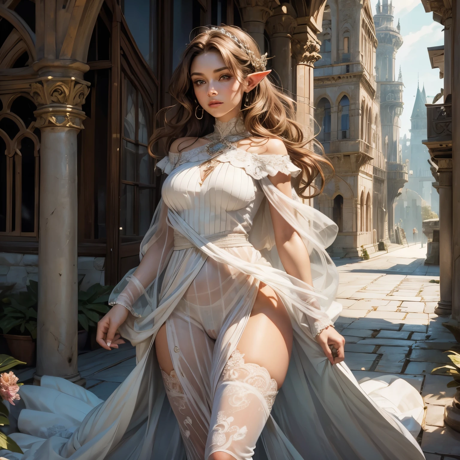 ((Medieval fantasy setting)). Tags: super detail, high details, high quality, best quality, highres, 4K, detailed face, face fix, detailed hands, detailed fingers, portret, 1girl "Echo is a 22-year-old half-elf. She has light brown skin. Thick light chestnut hair with caramel highlights and soft waves. Brown eyes with green hues. Her beautiful face is oval with soft features and pronounced cheekbones. She has full and attractive lips with a natural blush. A slight scar over her right eyebrow. Her ears are small like a human's but pointed like an elf's. Her physique is athletic and slim, she toned and flexible. She has a round and elastic body shapes."
Clothing. Style: Short sundress with a loose cut that barely reaches the middle of the thighs. The upper part is strapless, with a wide stripe that emphasizes the chest. The skirt flutters in the wind, creating an effect of lightness and freedom.
Color: White or pale blue.
Details: The dress is completely transparent, with a sewn-in lining in the chest area. At the bottom of the sundress is a decorative lace edge, which gives it tenderness and femininity.
Background: Rest in nature. A walk along an exotic fantasy-medieval beach.
Tags: (See-Through Nipples, Visible Nipples, Nipple Outline, covered nipples, Hard Nipples), (See-Through Camel Toe, covered pussy), (See-Through Ass, Ass Outline), (Butt Crack)