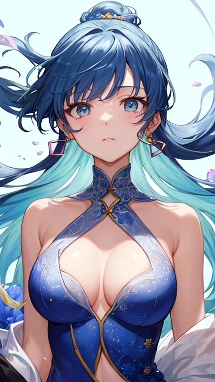 (masterpiece), (Highest quality), (Super detailed),(Disheveled Hair),(figure), (One person), (Fashionable clothes), Are standing, Fashion Model, View your viewers, (interview), (Simple Background),Beautiful attention to detail, Delicate and beautiful face, floating,(High saturation),(Colorful splashes),Colorful Bubbles,(The Shining), Focus on the face, ponytail, kamisato ayaka, Light blue hair, bangs, Hair Ring, Floating Flowers, Floating hair, (The Shining), Best lighting, Best Shadow,