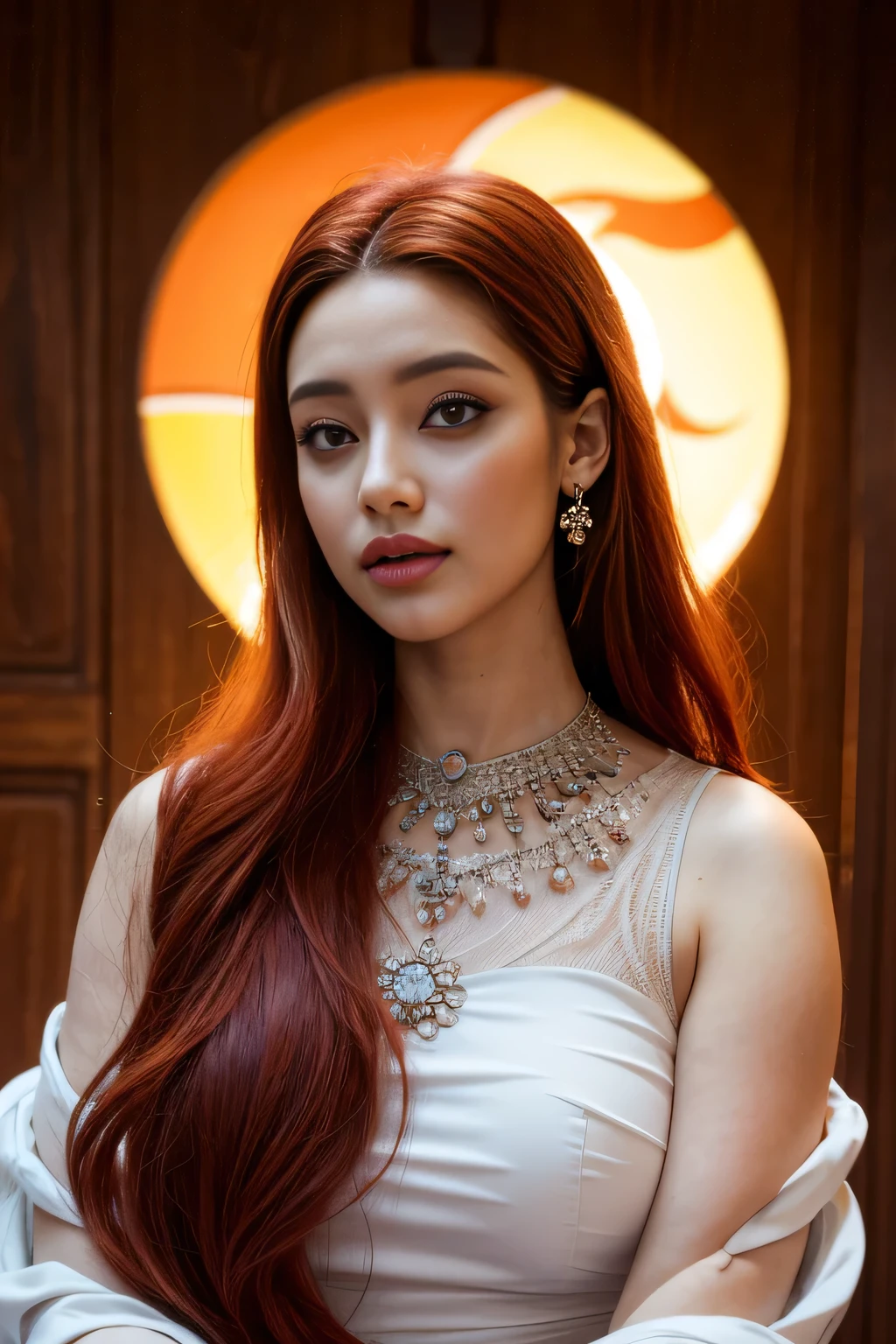 ( High quality , ultra detailed to hand ) ( careful hand ) Zodiac sign- Aries goddess , similar to latin goodness , Brave ,willful ,productive ,enterprising and humanitarian face . Moody, impulsive, impatient, assertive style . sunset reddish hair , transparent dress , in the ocean with sun , whole body , crystal fire eyes ( eye detailed ) . strong powerful make up look . Fire goddess .