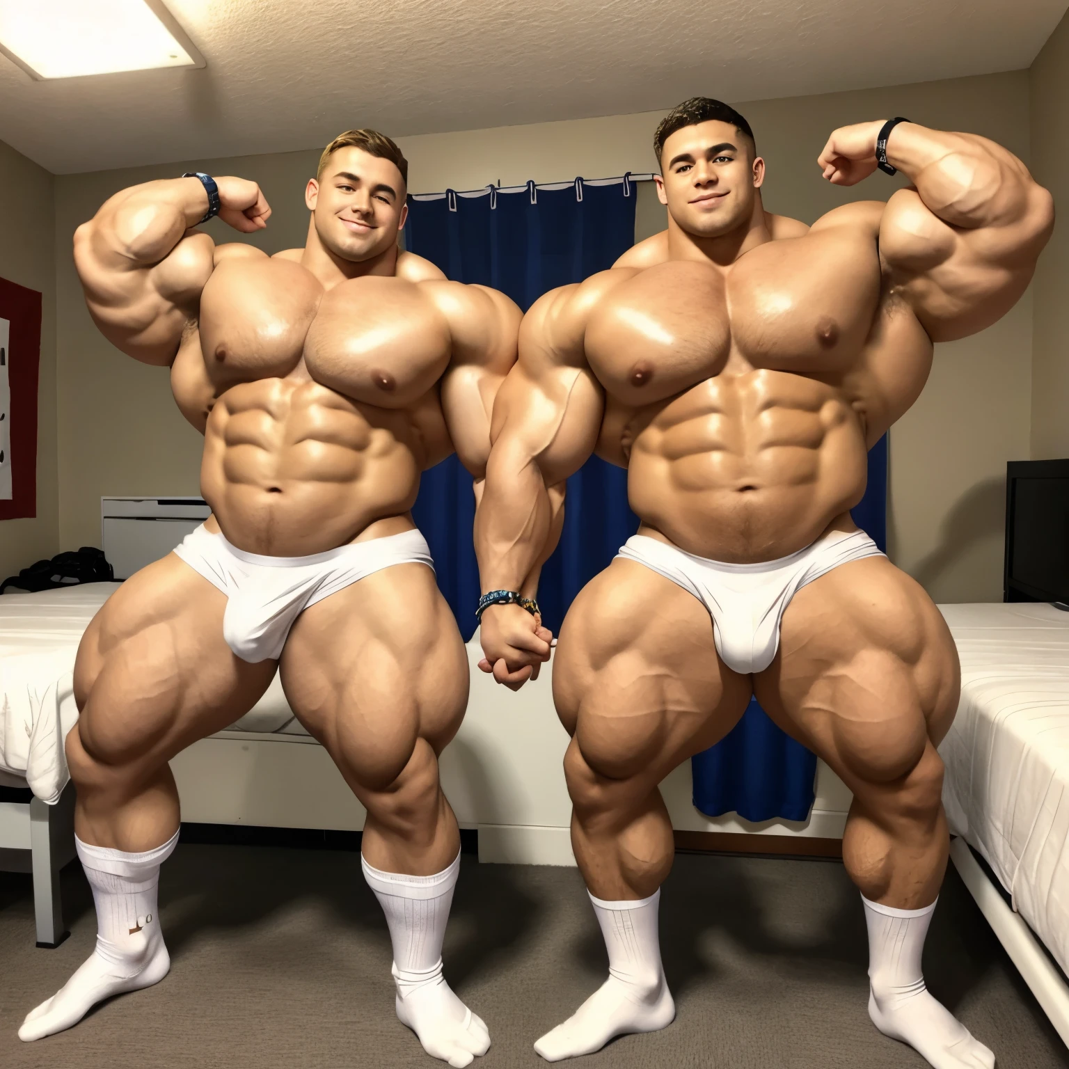 full body view, Two aged bodybuilders flexing their biceps in a front double biceps pose. Shirtless wearing white underwear and white socks, no shoes. In a dorm room. Handsome. One blonde, one brunett. Wide muscled shoulders. Thick pumped pecs. Huge extremely over-sized big bulbous biceps.dozens of golden glittering necklaces, rings, and bracelets Admiring each others enormous muscles and feeling. White lycra nylon socks must be seen