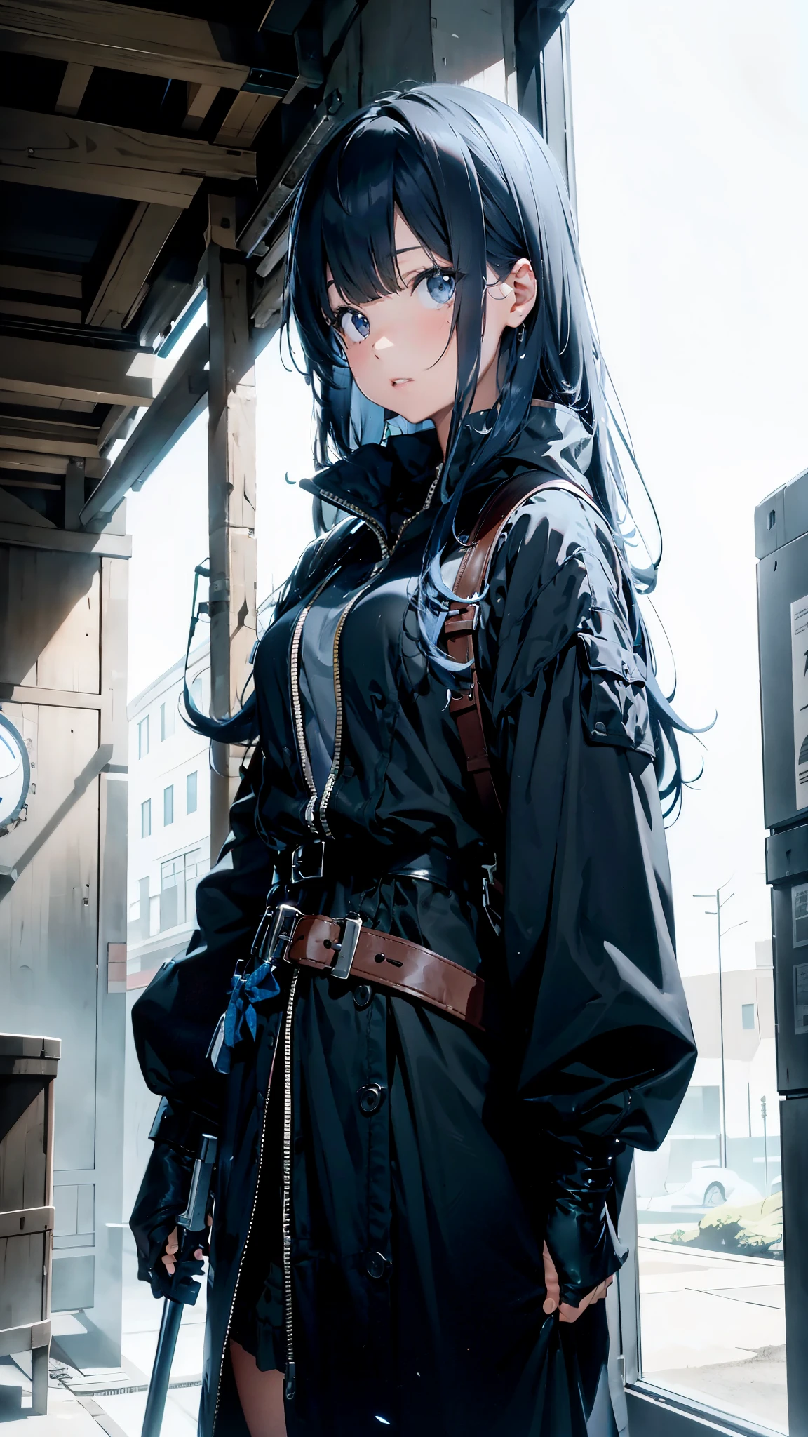 a weaponized dark blue haired anime girl with a big blue greatsword, 1girl,beautiful detailed eyes,beautiful detailed body,extremely detailed face and features,long eyelashes,sci-fi,mechanical black thick military uniform,glowing energy weapon, thriller ,dark moody lighting,photorealistic,8k,highres,masterpiece,ultra-detailed,cinematic,dramatic