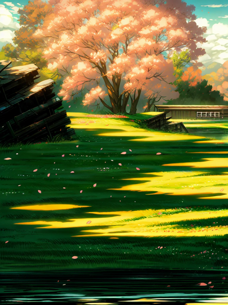 Vibrant, animated landscape illustration featuring a serene lakeside path. The layout includes a wooden walkway bordered by a wooden fence on the right, leading into the distance. On the left, a large tree with pink cherry blossoms extends its branches over the path, with petals gently falling. The lake on the right reflects the clear blue sky and surrounding greenery. In the background, there are lush green hills and a towering mountain with a snow-capped peak. The overall color palette is bright and vivid, with rich greens, blues, and pinks. The image exudes a peaceful and idyllic atmosphere.