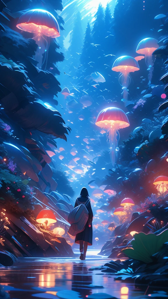 Surrealism,detailed water and fish,
hollow kiwi shape,with wonderland and mysterious sky in the background.
8k texture,reflective light,