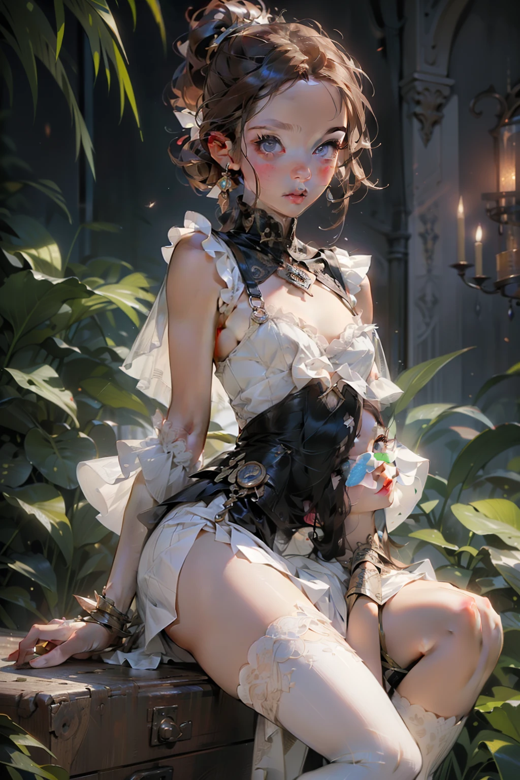 (((masterpiece, of the highest quality, super detailed))), (a female knight of an occult order), ((minimal but intricate beautiful armour)), ((dark hair)), ((ponytail, thick ponytail, heavy ponytail)), (((( Highly detailed face))), (((Very sharp focused eyes))), very long eyelashes, small breasts, (((flat chest:1.1))), (resolved expression), (resolute expression), occult aesthetic, Fluttering lace flared dress with frilly petticoats, (red and white clothing detailed and intricate steampunk and detailed gothic), (with a hood), (thigh high flared socks), complex lace boots