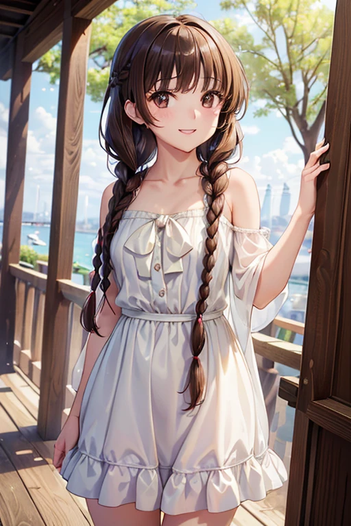 Yuno Shimazu、Shiny brown hair,Long Hair,  、((2 braids:1.5、Hair that falls over the shoulders)),Beautiful brown eyes、Sparkling eyes, Fine grain、smile、Ultra-detailed eyes、Highly detailed face, Highly detailed eyes,Cowboy Shot、


((masterpiece, Highest quality, High resolution, 超High resolution, Pixel perfect, Depth of written boundary, 4K, RTTX 10.0, High resolution))),
30-year-old woman、smile、blush、((masterpiece、High resolution、16K))、Random summer clothes、Used bookstore