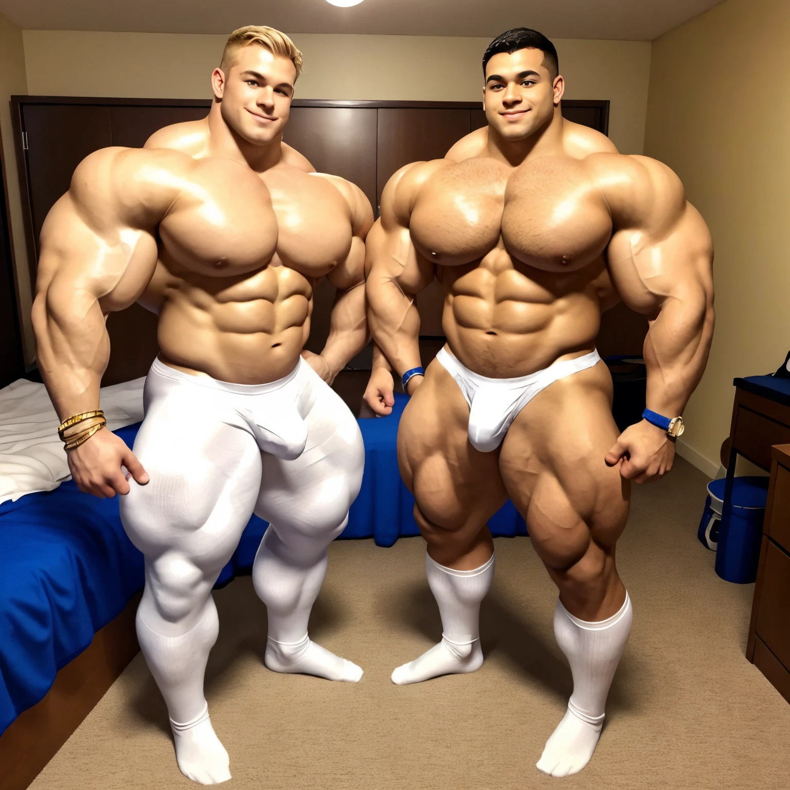 full body view, Two aged bodybuilders flexing their biceps in a front double biceps pose. Shirtless wearing white underwear and white socks, no shoes. In a dorm room. Handsome. One blonde, one brunett. Wide muscled shoulders. Thick pumped pecs. Huge extremely over-sized big bulbous biceps.dozens of golden glittering necklaces, rings, and bracelets Admiring each others enormous muscles and feeling. White lycra nylon socks must be seen
