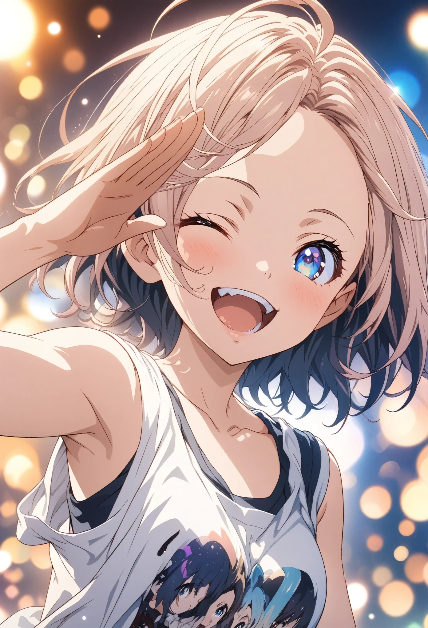 masterpiece, Highest quality, Highly detailed CG Unity 8k wallpaper, High School Girl Anime Illustration. Wear an oversized tank top、salute、Big eyes, Double teeth, she has her eyes closed and mouth open, smile. short hair, multicolor hair, forehead, parted bangs, Bokeh, Depth of written boundary