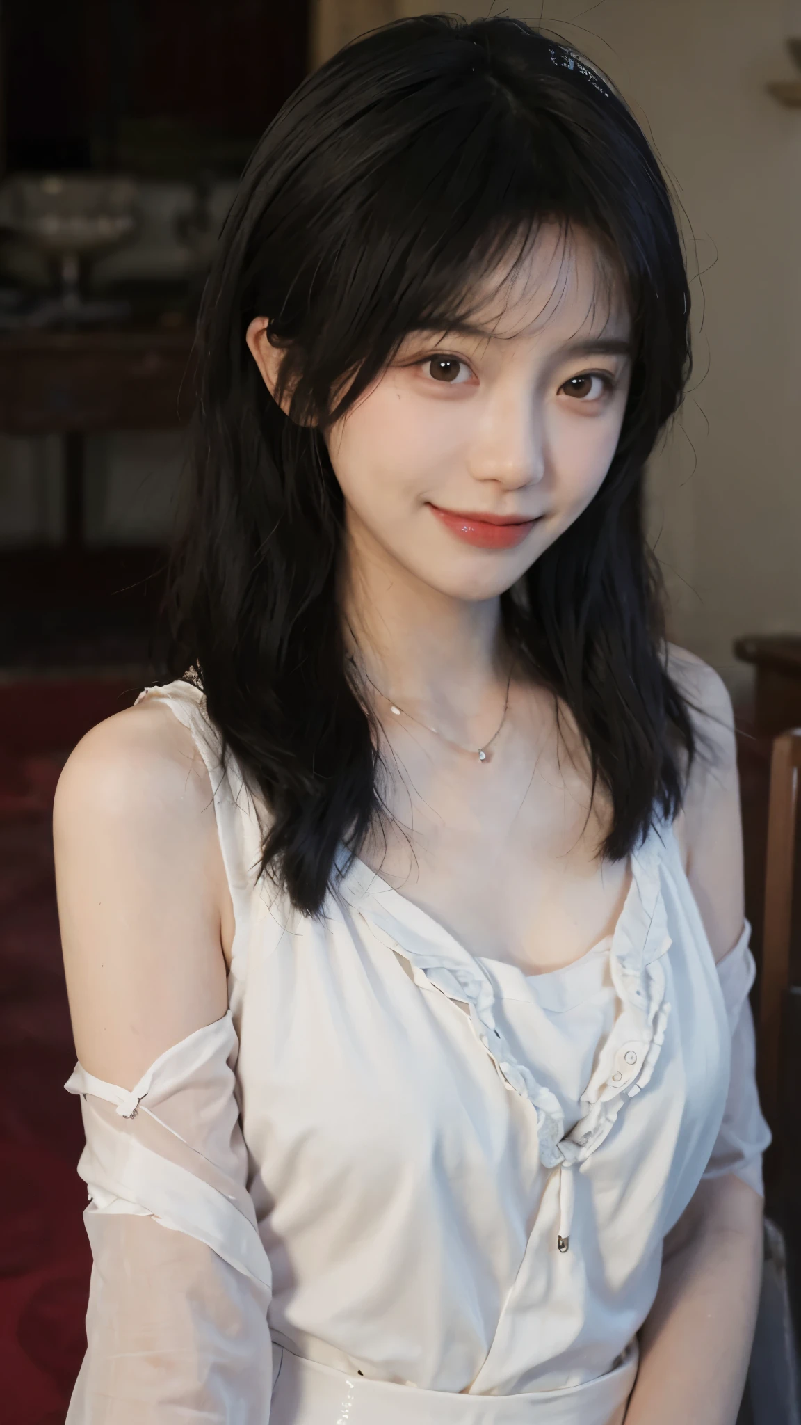 best quality, Ultra-high resolution, (Realistically:1.4),Cute hairpin,Baoyu girl,Standing in the wedding hall,(flat chest:1.2) ,A pair of clear and charming peach blossom eyes,Royal sisters,Sunshine on the face,Big wavy hairstyle,(necklace:1.2),(White skin:1.4),Sense of atmosphere,A beautiful girl, Smile,Look directly at the audience, Cleavage close-up ,(lifelike:1.4),1 girl,Sexy,(Upper Body:1.4),(wet),(:1.2)