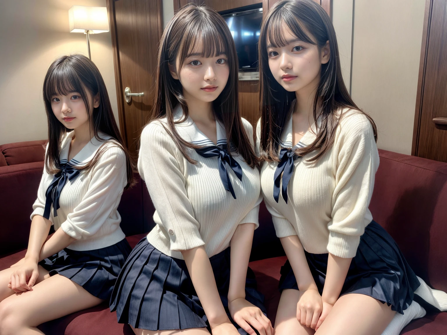 masterpiece, best quality, illustration, Super detailed, fine details, High resolution, 8K,wall paper, perfect dynamic composition,(Details High quality, realistic depiction of eyes:1.3), (3 girls), Black Sailor Uniform, serafuku, Navy pleated skirt, sitting, open legs, short bob hair, in a hotel room in the background, deep on field, large breasts, black hair color, Big Natural Color Lip, (perfect body shape), crying a little、Harajuku style、20 year old girl、cute type、beautiful legs, Gravure Idol