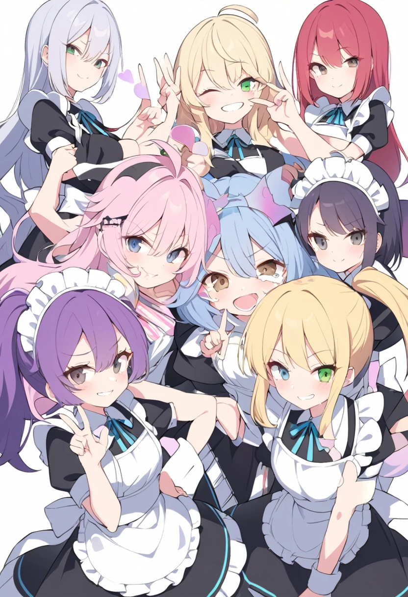 
 

woman, 6+girls, making a heart with hands, making a heart with fingers, making a thumbs up, making a V sign, hands on hips, hands on head, looking at viewer, smiling, cheerful grin, grinning, evil smiling, crying, glaring, long hair, twintail, ponytail, side tail, bob, ahoge, pink hair, red hair, blue hair, silver hair, purple hair, blonde, black eyes, brown eyes, blue eyes, green eyes, odd eyes, with irises, slim, white background, in the kitchen, maid, wide shot, radial composition

