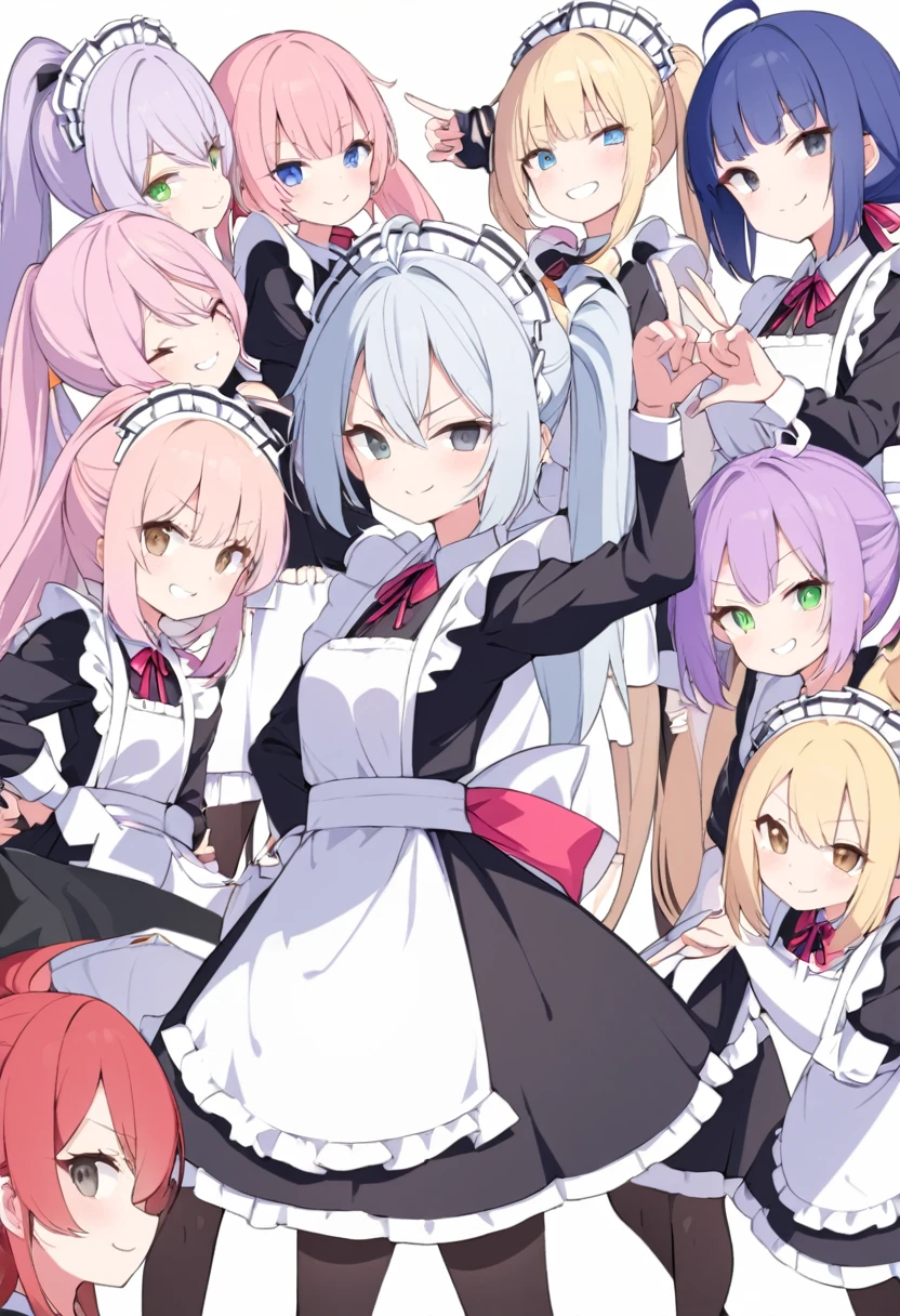 
 

woman, 6+girls, making a heart with hands, making a heart with fingers, making a thumbs up, making a V sign, hands on hips, hands on head, looking at viewer, smiling, cheerful grin, grinning, evil smiling, crying, glaring, long hair, twintail, ponytail, side tail, bob, ahoge, pink hair, red hair, blue hair, silver hair, purple hair, blonde, black eyes, brown eyes, blue eyes, green eyes, odd eyes, with irises, slim, white background, in the kitchen, maid, wide shot, radial composition

