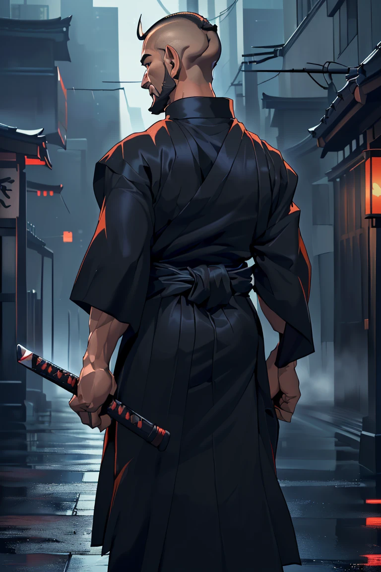 (SFW),katana=japanese sword,((bearded tiefling holding a katana in each hand,1 man is dual-wielding katana)),murderer:1.0,((two katanas are unsheathed)),night city:1.4,rainy,(8k,masterpiece:2.0,anime:1.6,realistic:1.4,best quality,ultra high resolution,ultra-detailed,beautiful illstration:1.6),((1 man is 30years old,muscle:1.2,back to the viewer,buzz cut:1.2,black hakama:1.5)),perfect white kimono:1.2,((perfect black hakama:1.6)),