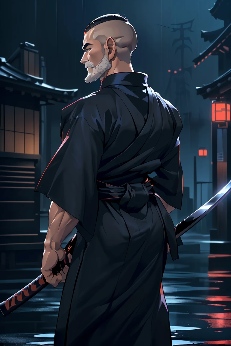 (SFW),katana=japanese sword,((bearded tiefling holding a katana in each hand,1 man is dual-wielding katana)),murderer:1.0,((two katanas are unsheathed)),night city:1.4,rainy,(8k,masterpiece:2.0,anime:1.6,realistic:1.4,best quality,ultra high resolution,ultra-detailed,beautiful illstration:1.6),((1 man is 30years old,muscle:1.2,back to the viewer,buzz cut:1.2,black hakama:1.5)),perfect white kimono:1.2,((perfect black hakama:1.6)),