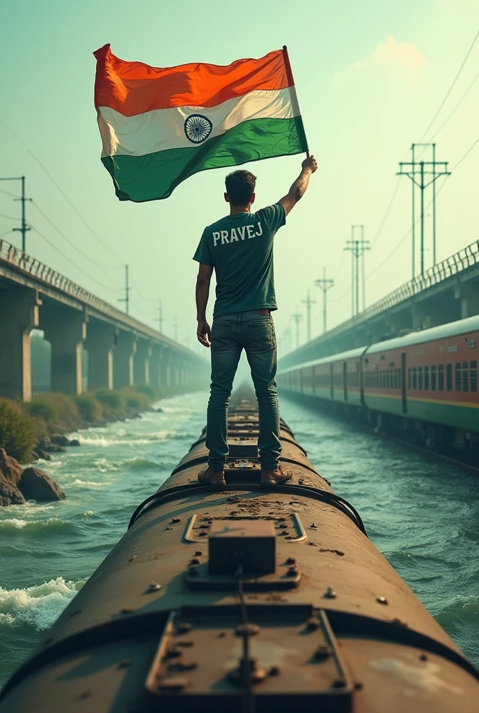 Create an image of a man holding Indian flag and his back side of t shirt write a name PRAVEJ and the man is on The roof of train and the train is running on bridge of river