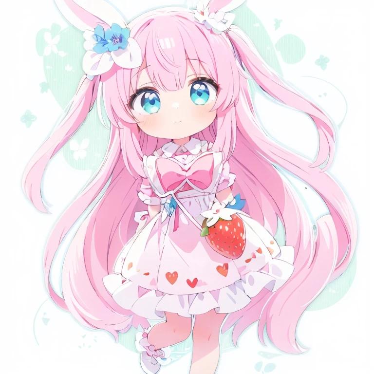 1girl,chibi,full body,green background,light blue eyes,with heat-shaped irises,rabbit ears,pink hair,long hair,enjoy,tareme,cute eyes,strawberry pattem,two side up hair
