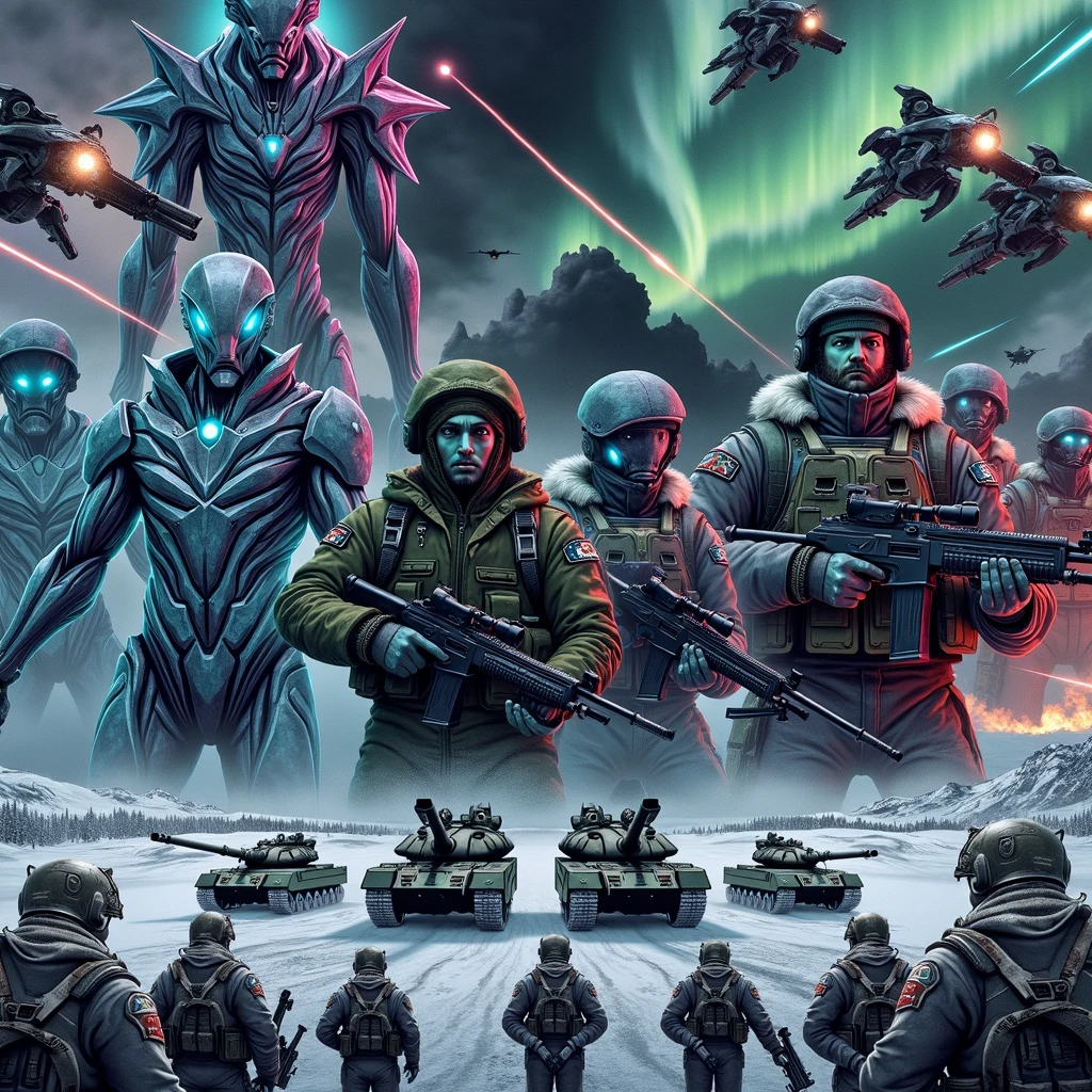 A dramatic illustration portraying an epic battle in a snowy landscape. On one side, futuristic-looking beings from another planet with varying colors and abstract shapes, armed with advanced laser weapons and hovering vehicles. The other side is represented by a group of soldiers in heavy winter camouflage gear, determined faces visible through their visors, armed with tanks and artillery. Their emblems hint at their Russian origin without explicitly stating it. Dark stormy clouds loom overhead, hinting at the ferocity of the battle while the aurora borealis subtly glows on the horizon.