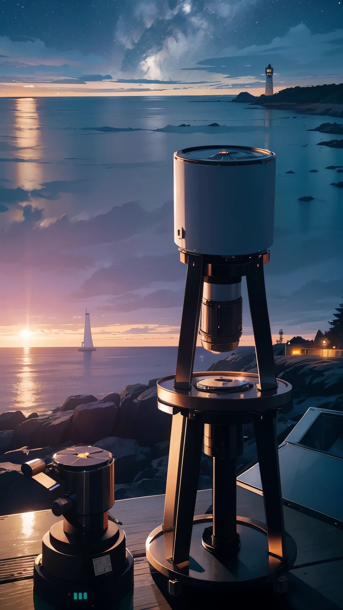 Astronomical Observation,astronomical telescope,Starry Sky,universe,Octane, zero, star (zero), scenery, starry zero, night, night zero, Outdoor, Seaside,star,Lighthouse, cloud, milky way, Sitting, wood, , city, silhouette, cityscape,Nobody is here,There are no people,unmanned