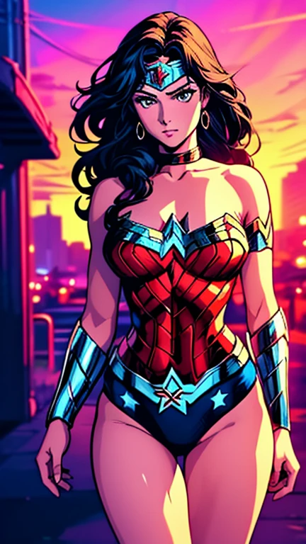 (1girl, Wonder Woman(New 52)), (extremely detailed CG unit 8k wallpaper),(master part), (best quality), (ultra detail), (best illustration),(lora:80'sFusion:0.6), cowboy shot, (Sharp eyeliner, ombre, detailed eyes:1), midnight, neon light city background, ,break , (neon_pop art style), 