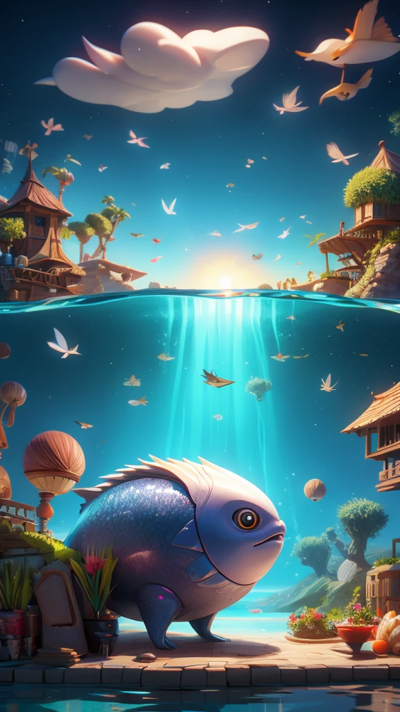 Surrealism,detailed water and fish,
hollow kiwi shape,with wonderland and mysterious sky in the background.
8k texture,reflective light,