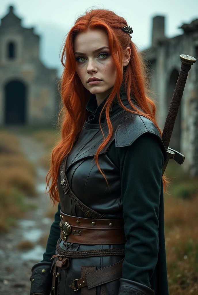 a one woman, 30years, redheadwear, yellow eyes, arched eyebrow, he would be, detailed leather clothing, sword in the back, abandoned village background.