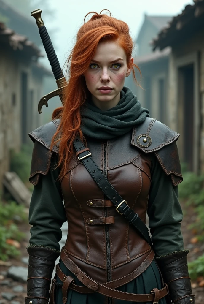 a one woman, 30years, redheadwear, yellow eyes, arched eyebrow, he would be, detailed leather clothing, sword in the back, abandoned village background.