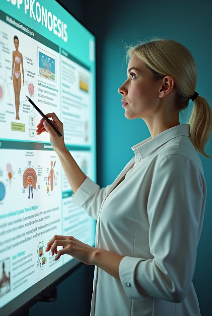 40yo,Realistic style and real women, she is Blonde with short hair, she has an hourglass figure, she has a surreal, hentai-like physique, with exaggerated curves that showcase large buttocks and voluminous breasts and she is very slim photorealiste,
On the poster, she appears in a scientist's outfit, wearing a crisp white blouse that symbolizes professionalism and rigor. Her hair is pulled back in a neat ponytail, giving her a serious yet approachable air.
She stands next to a large informative poster, featuring detailed illustrations of sperm and its production. Colorful graphics and clear diagrams show the different stages of spermatogenesis, making the subject understandable to all.
Her expression is engaging, and she points with a pen or laser pointer to key elements of the poster, while explaining the processes in a concise and educational way. The text is written in simple language, designed to inform and capture the audience's attention.
The poster's background is bright and attractive, with eye-catching graphic elements that underline the importance of the theme. The overall composition conveys an image that is both instructive and captivating, while at the same time emphasizing its expertise as a scientist.