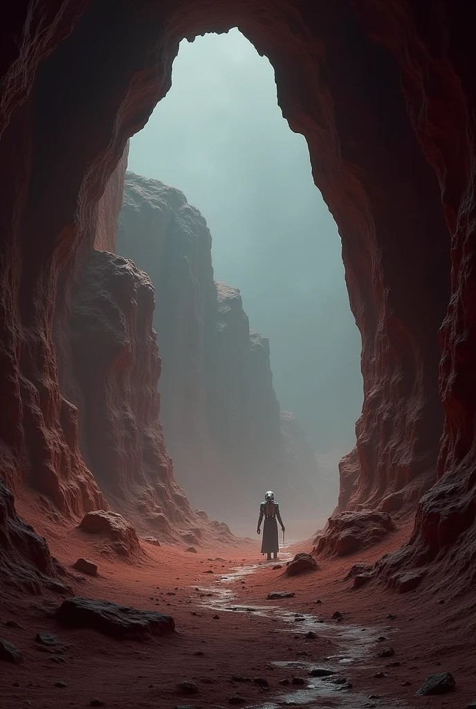 desolate Martian landscape, in a cave, at night, metallic figure in the distance.