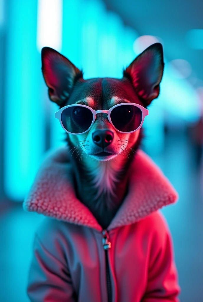 The best cell phone wallpaper, Award-Winning Wallpaper, portrait photography, In the front view is a portrait of a cute dog wearing mid-1960s space age fashion, Side view photo, Shot with Canon EOS R5, Set a strong contrast that accentuates the subject, Fluorescent blue tone, Wearing a very modern coat and sunglasses is a modern 1960s style, Clothes all in one color, beautiful background
