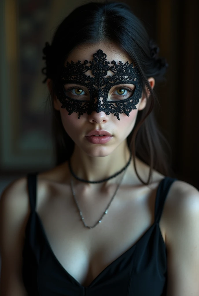 A close-up shot of a mysterious girl wearing a sleek black dress, with an intricate, elegant mask covering the upper half of her face. Her captivating eyes are the primary focus, framed by long, dark lashes and glowing subtly in the dim light. The mask is detailed with delicate patterns, but her eyes steal all attention, drawing the viewer in with their intense, almost hypnotic gaze. 