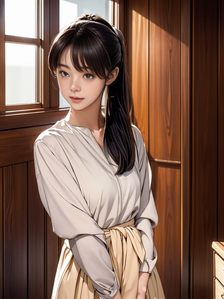 Iris, a true masterpiece of femininity、Standing alone in the bedroom, bathed in soft sunlight。Her medium brown hair is tied back in a ponytail、Her loose hair frames her face。Her lips are painted with deep colors、With a seductive smile、Attracting the viewer's gaze。The camera captures her body's curves, from the gentle sway of her hair、Her entire body is captured。Her eyelashes flutter as she opens her mouth、Her teeth can be seen through her lips。This 8K portrait、A Nogizaka46 idol、A perfect expression of the beauty and charm of Moeka Tada。
