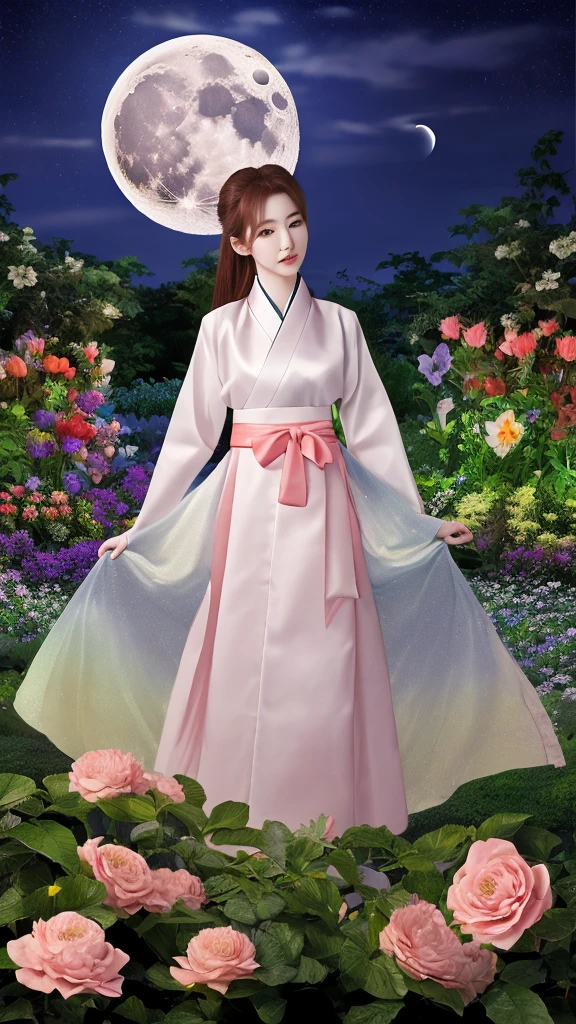 Highest quality, expensive_solve, clear_image, Detailed Background ,, Hanbok,flower,garden,moon, night,