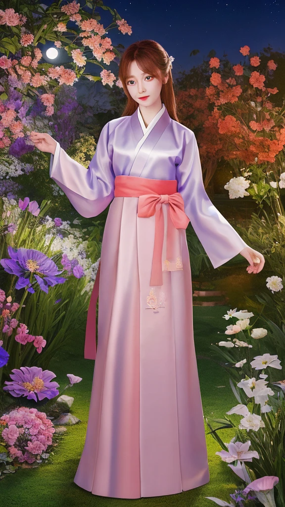 Highest quality, expensive_solve, clear_image, Detailed Background ,, Hanbok,flower,garden,moon, night,