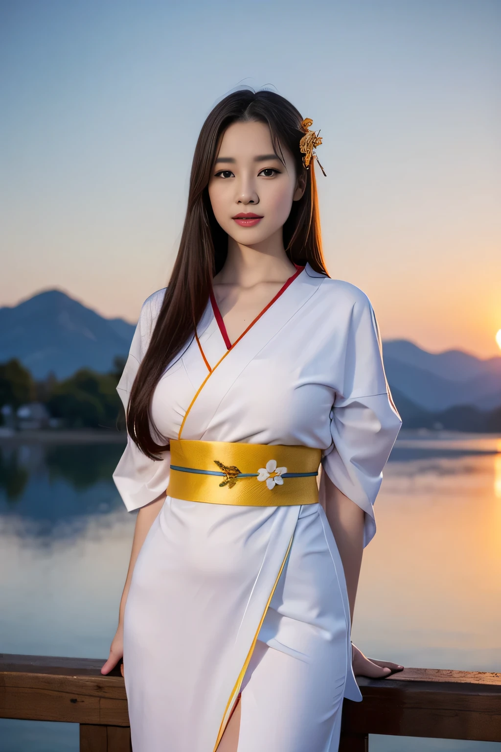 asuna, masterpiece, best quality, detailed, (1girl), solo, detailed golden eyes, long hair, standing, close to viewer, (detailed kimono), light smile, huge breasts,  (arms behind back, seen long legs), water, sunset, (hair ornament), (Sakura bloom),  snow mountain lake in the background