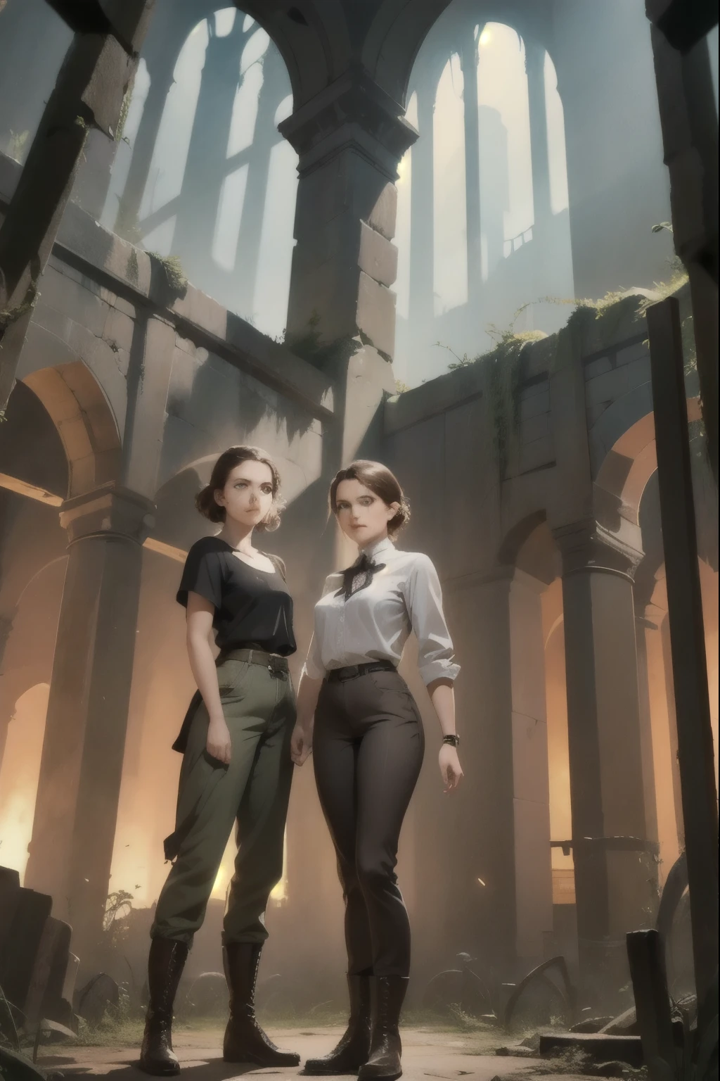 two *******-****-*** girls and a ****-****-*** girl explore a ruined abbey, dark atmosphere, spooky place, darkness, eerie shadows, ancient ruined medieval frescoes on the walls, wearing trousers and boots