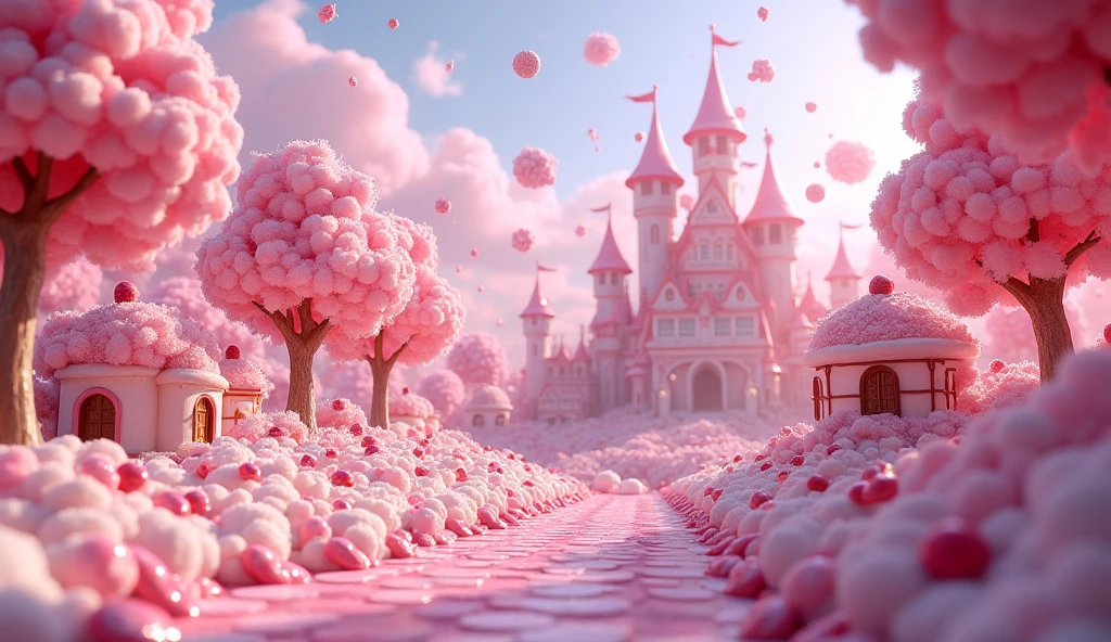 a candy land with lots of candy, candy forest, candy land, candyland, everything is made of candy, made of cotton candy, in a candy land style house, candy - coated, made of candy and lollipops, heaven pink, cotton candy, made of candy, heaven!!!!!!!!, cotton candy trees, lollipop flowers, hyperreal phantastic landscape, lots of candy land style houses, a big candy land style castle surrounded by a river made of chocolate, road made with candy buttons, Chewing Gum, candy cannes, lollypop candies all over the place