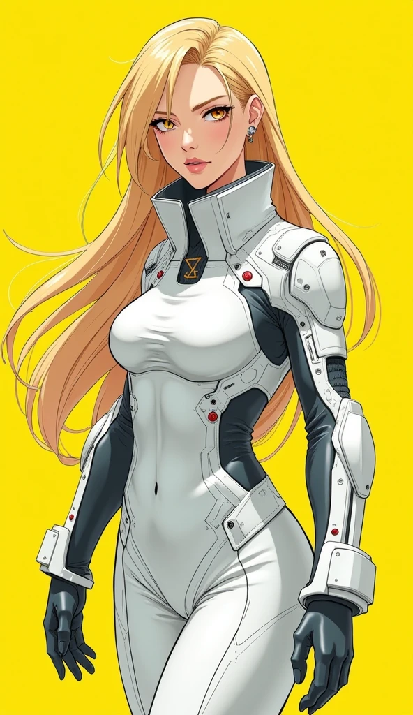a full body anime style illustration of a woman with blond long hair, in a dynamic pose wearing white techwear outfit in the style of akihiko yoshida, futuristic cyberpunk, inspired by ghost in the shell, 90s manga aesthetic, expressive face, yellow background