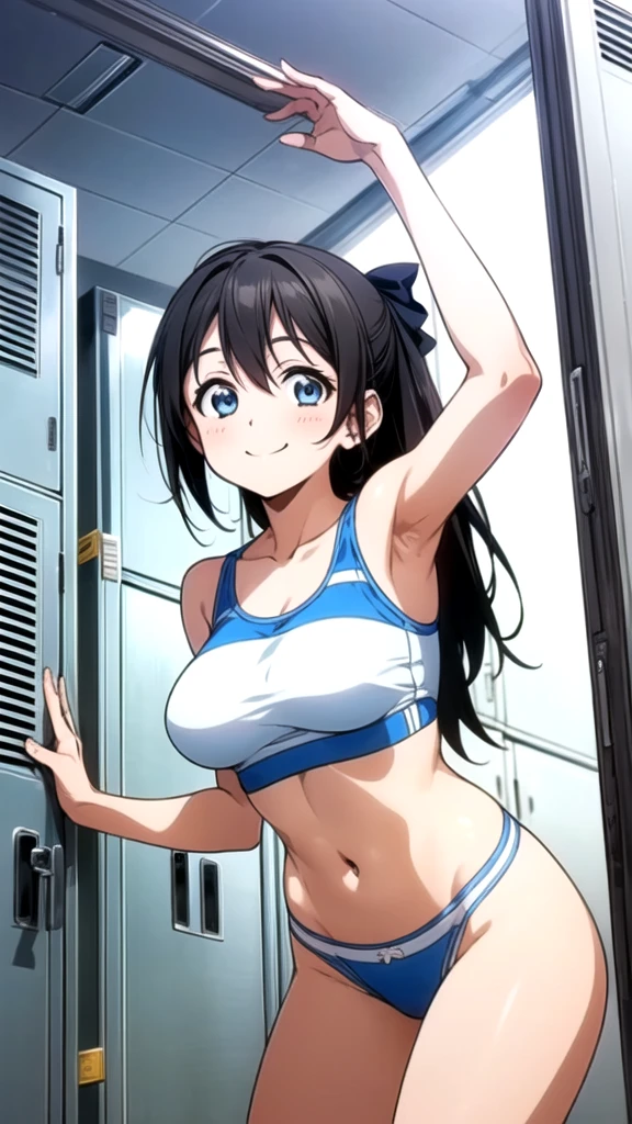 (Highest quality, masterpiece:1.2), (One person, One personで:1.2), cute, smile,  Embarrassing、blush、locker room, (View your viewers, One personで focus:1.2)、Long Hair, Hair Ribbon, blue eyes, Straight black hair, dynamic、Armpits、Sports Bra、underwear、Big Breasts、Thick pubic hair、Completely naked