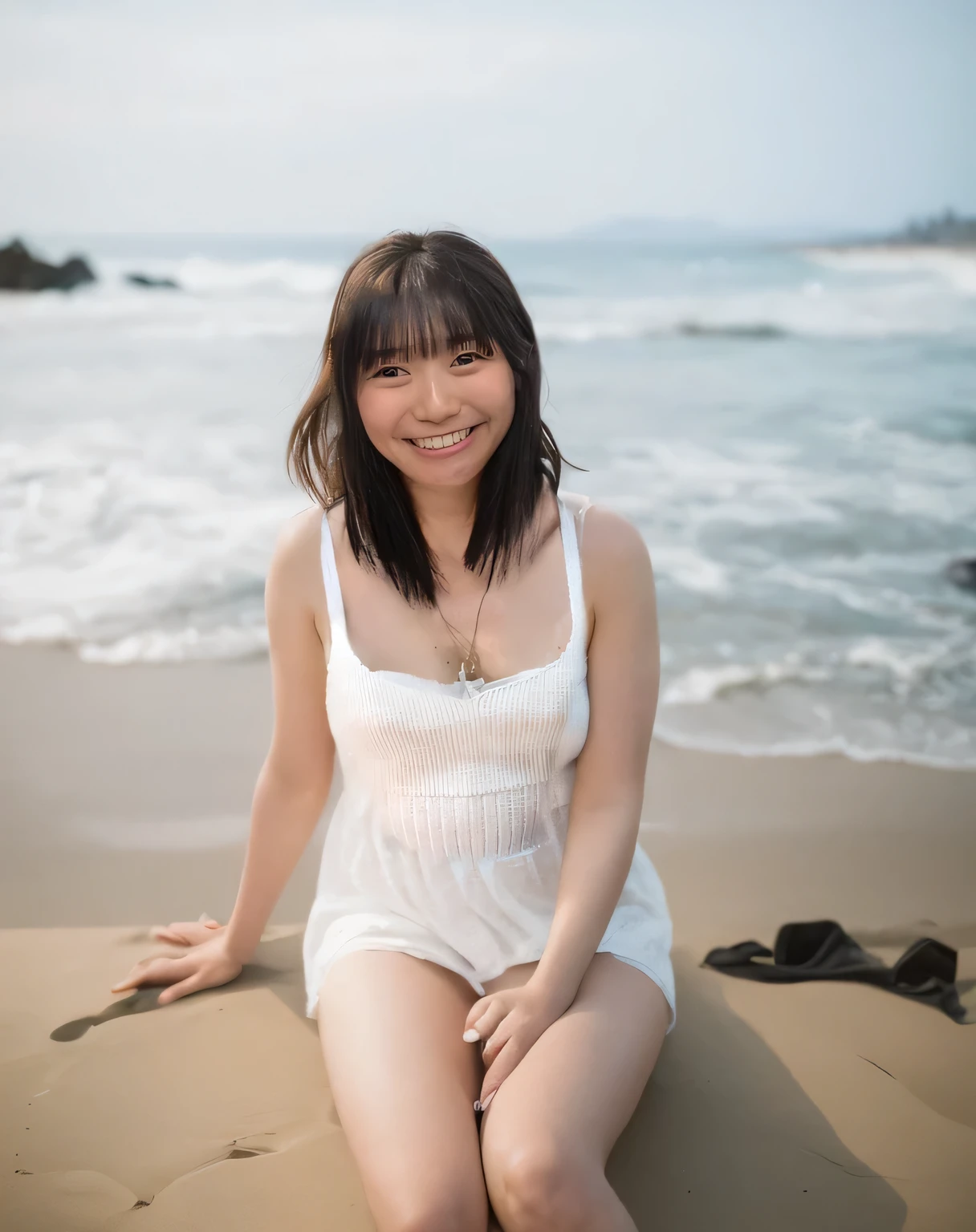 Highest quality,Super detailed,A single woman sitting on the beach of Enoshima coast, looking up at this direction.,Posing for a photo,Distant scenery is blurry,Illuminated by sunlight