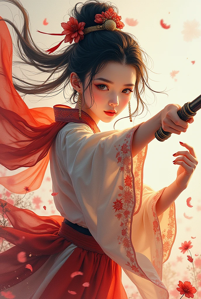 best quality, masterpiece, Ultra-fine high resolution, (Practical: 1.4), Watercolor style, illustration, Bright background color,, 1 Girl with a weapon, (Solo exhibitions: 1.2), (牛仔布lens: 1.2), (Hair crown: 1.2), Traditional chinese dunhuang style clothes, Tapeless, (Red Eyeliner: 1.2), (: 1.4), earrings, Dynamic Angle, opera, messy_long_hair, ink, Movie Lighting, lens_Flare, Velvet, chrysanthemum, tassel, Ribbon, color embroidery,
