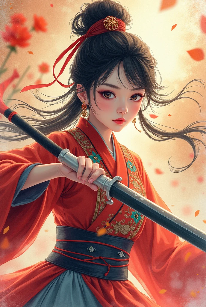 best quality, masterpiece, Ultra-fine high resolution, (Practical: 1.4), Watercolor style, illustration, Bright background color,, 1 Girl with a weapon, (Solo exhibitions: 1.2), (牛仔布lens: 1.2), (Hair crown: 1.2), Traditional chinese dunhuang style clothes, Tapeless, (Red Eyeliner: 1.2), (: 1.4), earrings, Dynamic Angle, opera, messy_long_hair, ink, Movie Lighting, lens_Flare, Velvet, chrysanthemum, tassel, Ribbon, color embroidery,