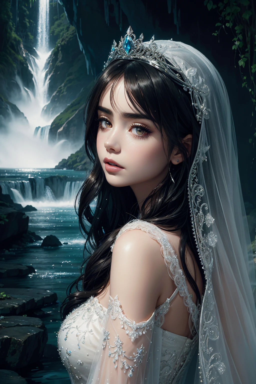 portrait Lily Collins, wearing veil bride tiara costume, against the background of a waterfall, character portrait, 6 3 9 0 s, wavy hair, intricate, elegant, highly detailed, digital painting, artstation, concept art, smooth, sharp focus, illustration, art by wlop, charlie bowater and alexandra fomina, 36k, glittering, shining