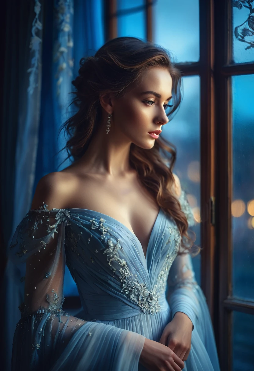 closeup shot, woman in a dress standing in front of a window, a picture by Marie Bashkirtseff, shutterstock, romanticism, half-turned lady in evening gown, flowing gown, wearing a flowing dress, mysterious woman, haunting beautiful young woman, wearing a white flowing dress, flowing dress, woman in dress, extremely moody blue lighting, miss aniela
