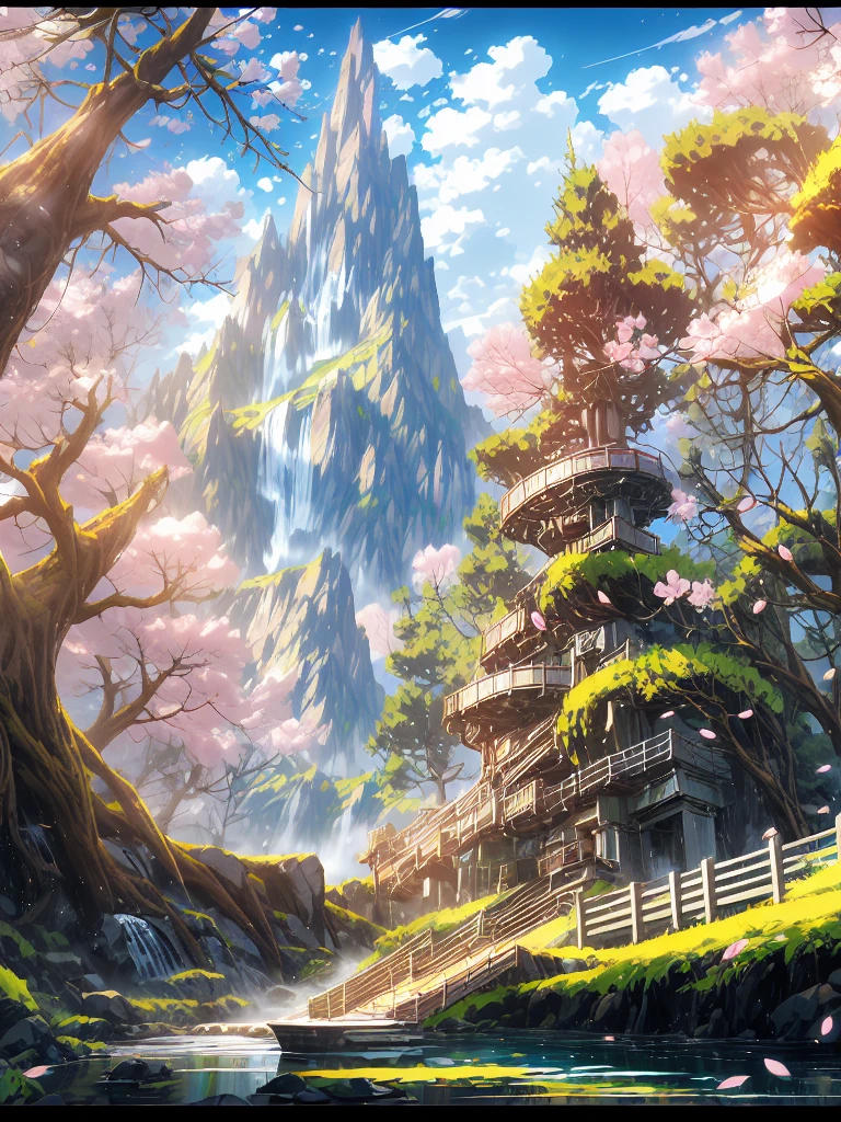 Vibrant, animated landscape illustration featuring a serene lakeside path. The layout includes a wooden walkway bordered by a wooden fence on the right, leading into the distance. On the left, a large tree with pink cherry blossoms extends its branches over the path, with petals gently falling. The lake on the right reflects the clear blue sky and surrounding greenery. In the background, there are lush green hills and a towering mountain with a snow-capped peak. The overall color palette is bright and vivid, with rich greens, blues, and pinks. The image exudes a peaceful and idyllic atmosphere.