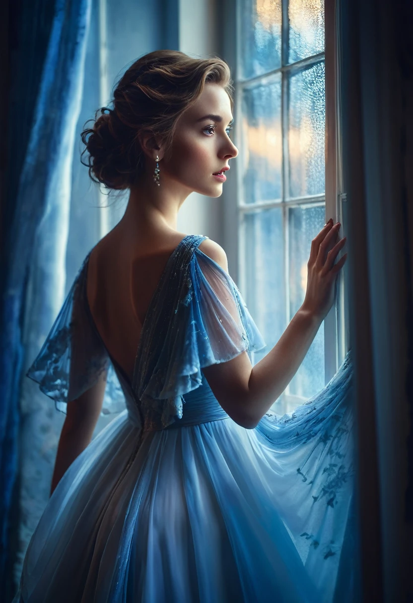 closeup shot, woman in a dress standing in front of a window, a picture by Marie Bashkirtseff, shutterstock, romanticism, half-turned lady in evening gown, flowing gown, wearing a flowing dress, mysterious woman, haunting beautiful young woman, wearing a white flowing dress, flowing dress, woman in dress, extremely moody blue lighting, miss aniela