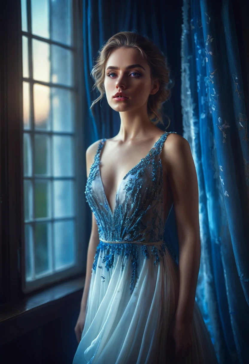 closeup shot, woman in a dress standing in front of a window, a picture by Marie Bashkirtseff, shutterstock, romanticism, half-turned lady in evening gown, flowing gown, wearing a flowing dress, mysterious woman, haunting beautiful young woman, wearing a white flowing dress, flowing dress, woman in dress, extremely moody blue lighting, miss aniela
