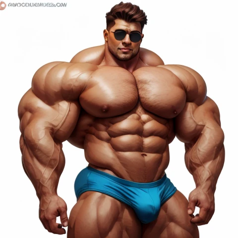 brutalmass, Bulge, vpl, a very handsome young man, sunglasses, shirtless, exaggeratedly muscular, on a white background