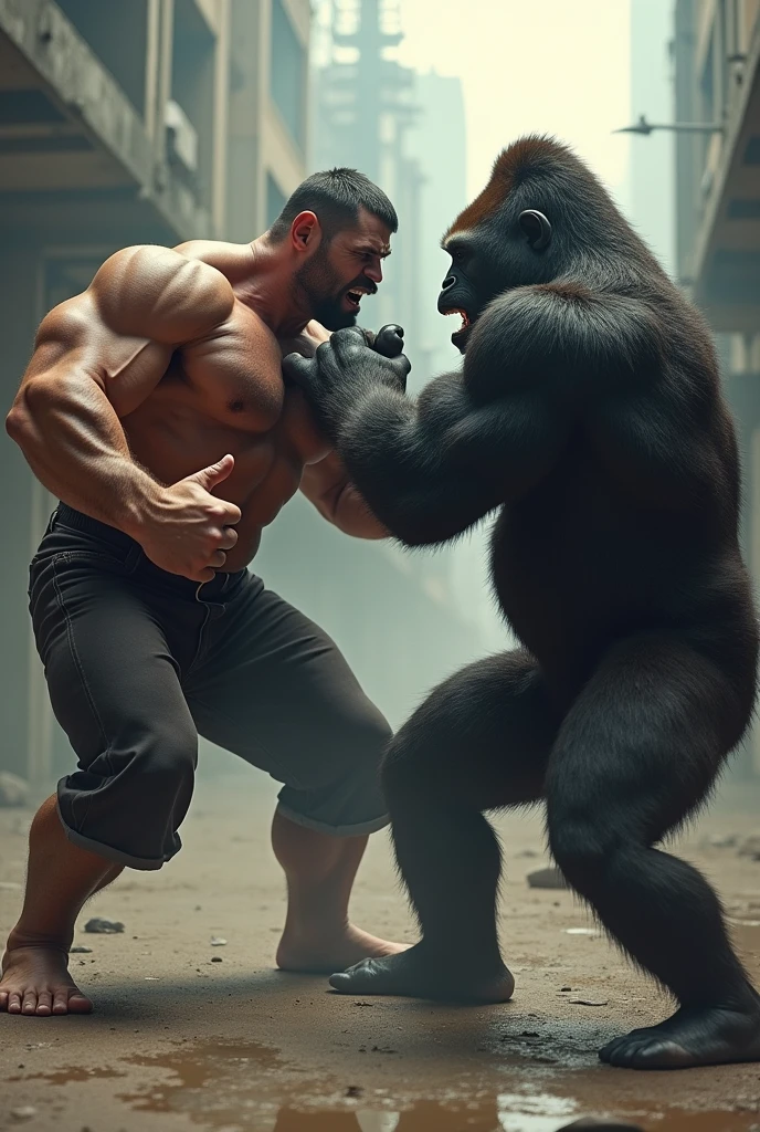 In an action-packed scene, the muscular bodybuilder realistic car face daddy , furious and determined, catches up to the gorilla. He confronts the gorilla with an angry expression, shouting as he delivers a powerful kick to the gorilla's face. The fight is intense, with both figures showing their strength. Pictures look like original and not blurred and not write anything and 4k results.