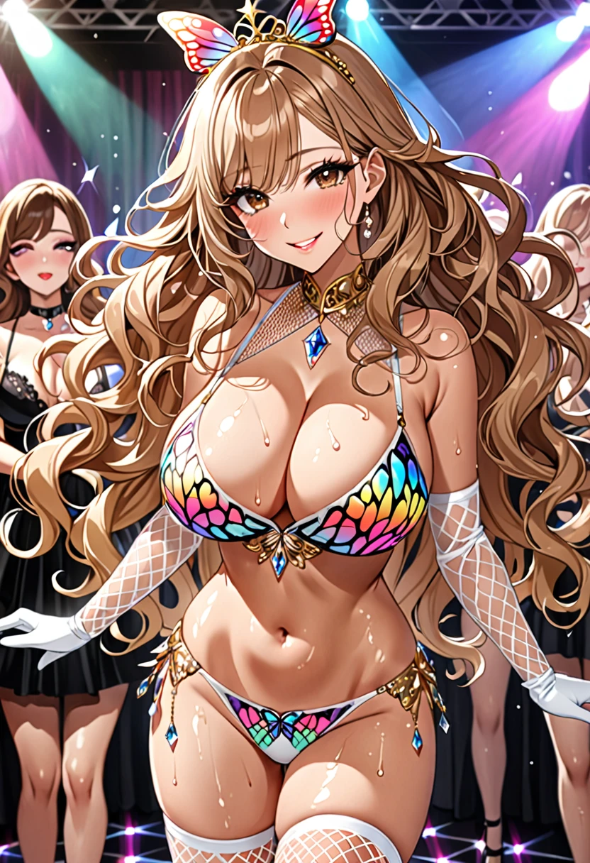(Highest quality, Ultra-high resolution、The most complex and detailed depiction、masterpiece、8k, RAW Photos, Best image quality、Very detailedな顔、Attention to detail、Beautiful woman、Realistic、photo-Realistic、Very detailed, Beautiful attention to detail:1.5),(One adult woman:1.3)、(blush)、(Gal-style makeup、mascara 、eyeshadow、Dark eyeliner、Long and beautiful eyelashes、False eyelashes、double eyelid、heavy makeup、hostess、Brown eyes、:1.5),(A bra with a pale rainbow gradient butterfly pattern、Light rainbow gradient butterfly pattern panties:1.5)、Gorgeous jeweled necklace、Gold bracelet、A gorgeous gold tiara studded with jewels、Sheer white lace dress、Mesh fabric、White fishnet stockings,White opera gloves、(A seductive smile),(under boob、Huge breasts)、(Cleavage:1.2)、(((Light brown hair、Wavy Hair、Long Hair)))、elongated nose、Face with gills、(Very tanned and shiny skin、Perfect Style)、Saggy breasts、Large saggy breasts、((Sweat、Your body is wet))、((Dim Club、pole dance、audience))、(Mirror ball)、Sleepy face